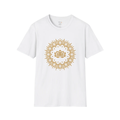 Lotus Mandala T-Shirt with gold mandala and lotus design — The Vault collection by Ramro Yoga Wear — White