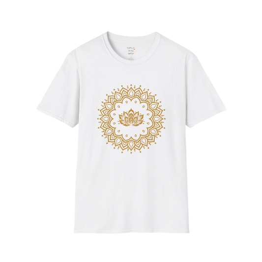 Lotus Mandala T-Shirt with gold mandala and lotus design — The Vault collection by Ramro Yoga Wear — White