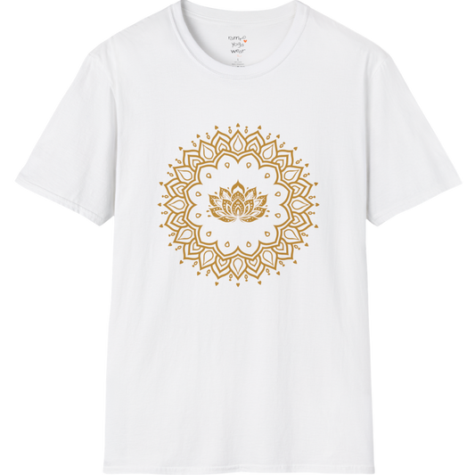 Lotus Mandala T-Shirt with gold mandala and lotus design — The Vault collection by Ramro Yoga Wear — White