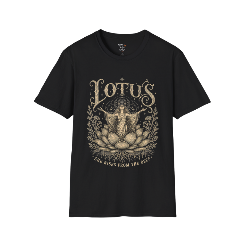 Lotus dark sacred yoga shirt in black — woman rising from lotus engraving design — Sacred Thread collection by Ramro Yoga Wear