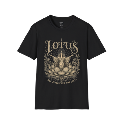 Lotus dark sacred yoga shirt in black — woman rising from lotus engraving design — Sacred Thread collection by Ramro Yoga Wear