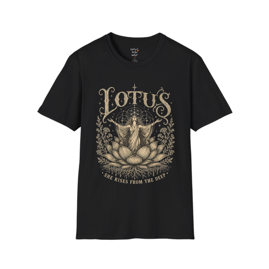 Lotus dark sacred yoga shirt in black — woman rising from lotus engraving design — Sacred Thread collection by Ramro Yoga Wear