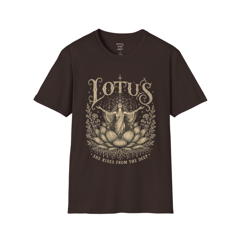 Lotus dark sacred yoga shirt in dark chocolate — woman rising from lotus engraving design — Sacred Thread collection by Ramro Yoga Wear