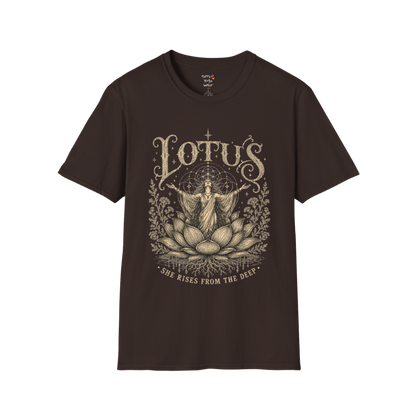 Lotus dark sacred yoga shirt in dark chocolate — woman rising from lotus engraving design — Sacred Thread collection by Ramro Yoga Wear