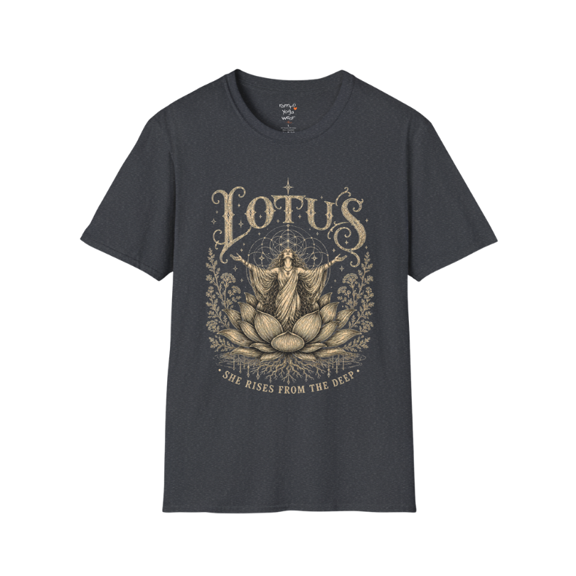 Lotus dark sacred yoga shirt in dark heather grey — woman rising from lotus engraving design — Sacred Thread collection by Ramro Yoga Wear