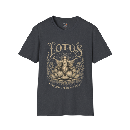 Lotus dark sacred yoga shirt in dark heather grey — woman rising from lotus engraving design — Sacred Thread collection by Ramro Yoga Wear