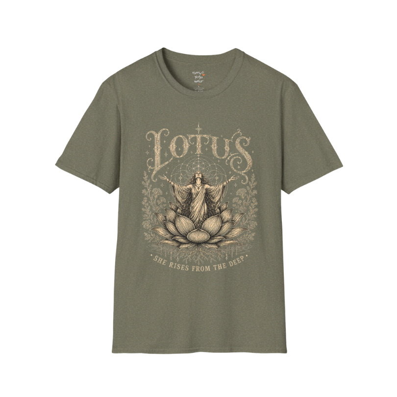 Lotus dark sacred yoga shirt in heather military green — woman rising from lotus engraving design — Sacred Thread collection by Ramro Yoga Wear