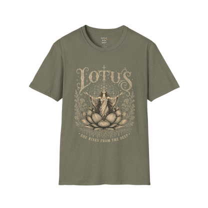 Lotus dark sacred yoga shirt in heather military green — woman rising from lotus engraving design — Sacred Thread collection by Ramro Yoga Wear