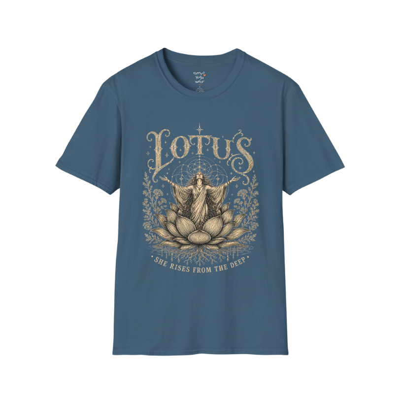 Lotus dark sacred yoga shirt in indigo blue — woman rising from lotus engraving design — Sacred Thread collection by Ramro Yoga Wear
