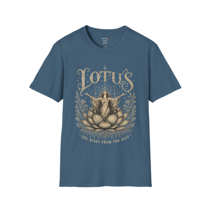 Lotus dark sacred yoga shirt in indigo blue — woman rising from lotus engraving design — Sacred Thread collection by Ramro Yoga Wear