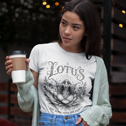 Woman wearing Lotus white sacred yoga shirt holding coffee with bokeh lights — Sacred Thread collection by Ramro Yoga Wear