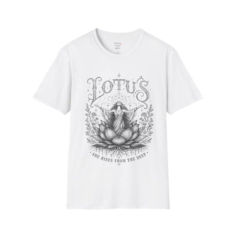 Lotus sacred yoga shirt in white — woman rising from lotus engraving design — Sacred Thread collection by Ramro Yoga Wear