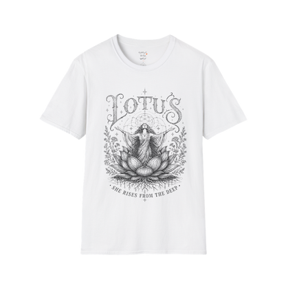 Lotus sacred yoga shirt in white — woman rising from lotus engraving design — Sacred Thread collection by Ramro Yoga Wear