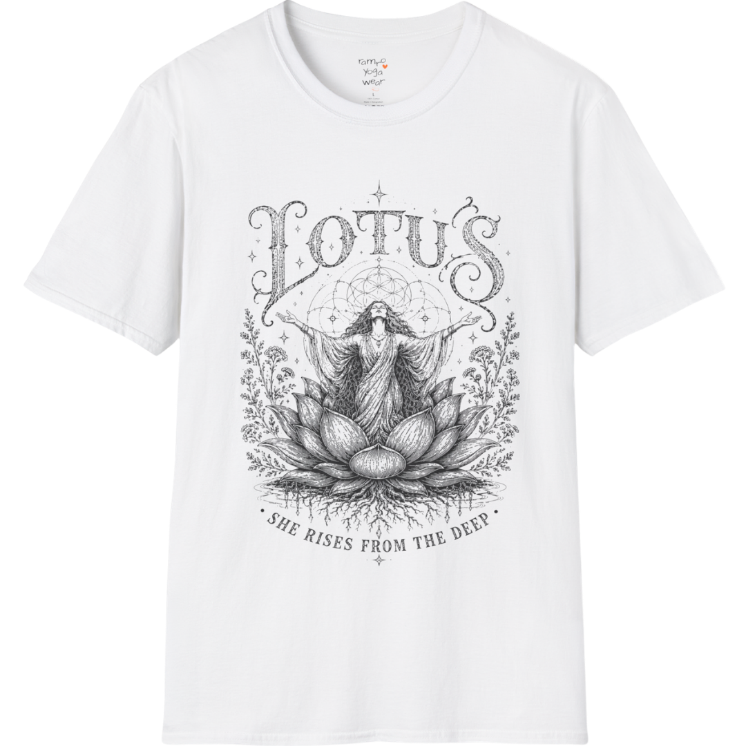 Lotus sacred yoga shirt in white — woman rising from lotus engraving design — Sacred Thread collection by Ramro Yoga Wear