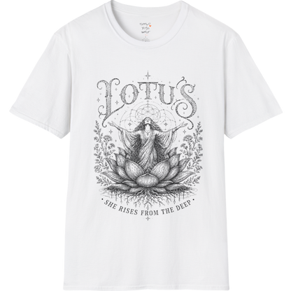 Lotus sacred yoga shirt in white — woman rising from lotus engraving design — Sacred Thread collection by Ramro Yoga Wear