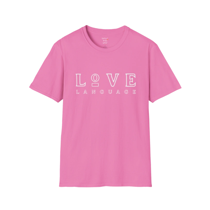 Love Language T-Shirt in Azalea featuring oversized boutique-inspired typography with minimalist retro styling. Bright feminine yoga lifestyle tee with playful fashion energy.
