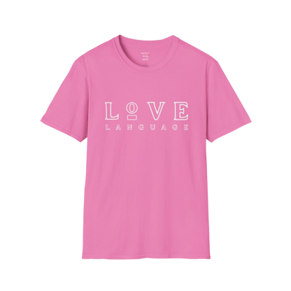 Love Language T-Shirt in Azalea featuring oversized boutique-inspired typography with minimalist retro styling. Bright feminine yoga lifestyle tee with playful fashion energy.