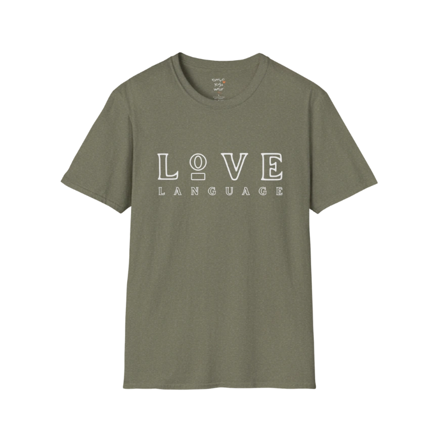 Love Language T-Shirt in Heather Military Green featuring bold vintage-inspired typography and minimalist yoga lifestyle styling. Earthy boutique-style graphic tee for relaxed everyday wear.