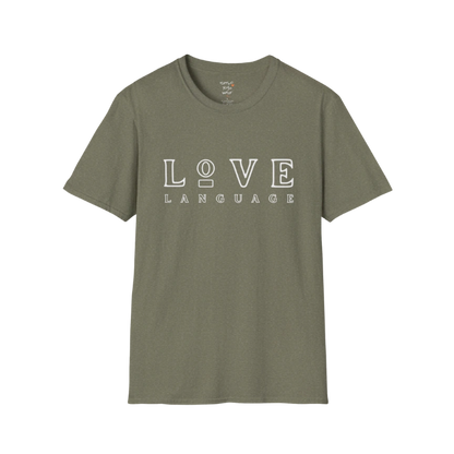 Love Language T-Shirt in Heather Military Green featuring bold vintage-inspired typography and minimalist yoga lifestyle styling. Earthy boutique-style graphic tee for relaxed everyday wear.