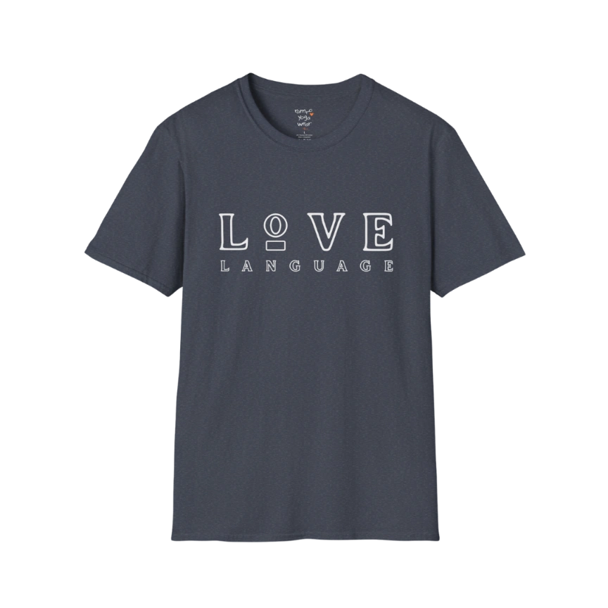 Love Language T-Shirt in Heather Navy with oversized retro typography and elevated minimalist styling. Dark navy yoga lifestyle tee with modern boutique streetwear energy.