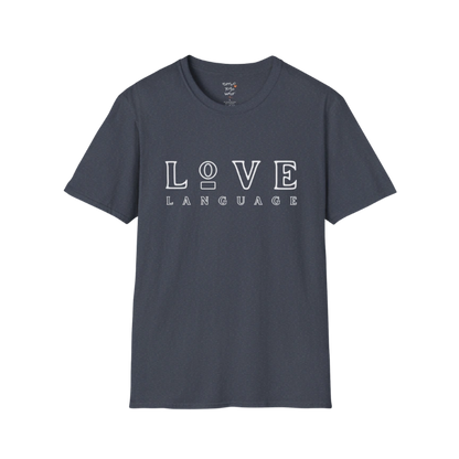 Love Language T-Shirt in Heather Navy with oversized retro typography and elevated minimalist styling. Dark navy yoga lifestyle tee with modern boutique streetwear energy.