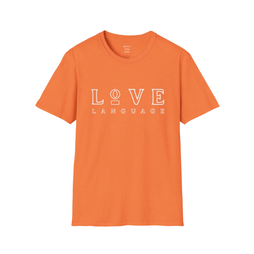 Love Language T-Shirt in Heather Orange featuring oversized typography and modern retro-inspired lettering. Bright yoga lifestyle tee with playful boutique fashion styling.