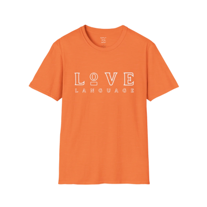 Love Language T-Shirt in Heather Orange featuring oversized typography and modern retro-inspired lettering. Bright yoga lifestyle tee with playful boutique fashion styling.