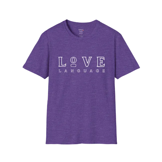 Love Language T-Shirt in Heather Purple featuring oversized minimalist typography with retro boutique-inspired design. Bold yoga lifestyle tee with modern feminine streetwear styling.