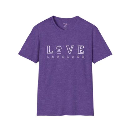 Love Language T-Shirt in Heather Purple featuring oversized minimalist typography with retro boutique-inspired design. Bold yoga lifestyle tee with modern feminine streetwear styling.