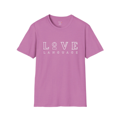 Love Language T-Shirt in Heather Radiant Orchid with bold minimalist typography and feminine boutique-inspired styling. Soft yoga lifestyle tee designed for mindful everyday wear.