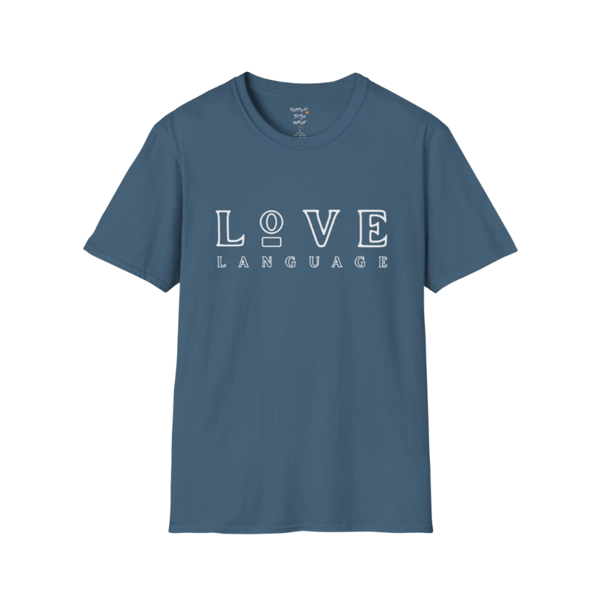 Love Language T-Shirt in Indigo Blue featuring oversized typography and elevated vintage-inspired design. Relaxed yoga lifestyle tee with modern streetwear energy.