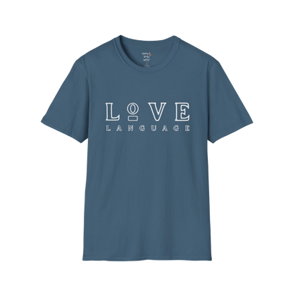Love Language T-Shirt in Indigo Blue featuring oversized typography and elevated vintage-inspired design. Relaxed yoga lifestyle tee with modern streetwear energy.