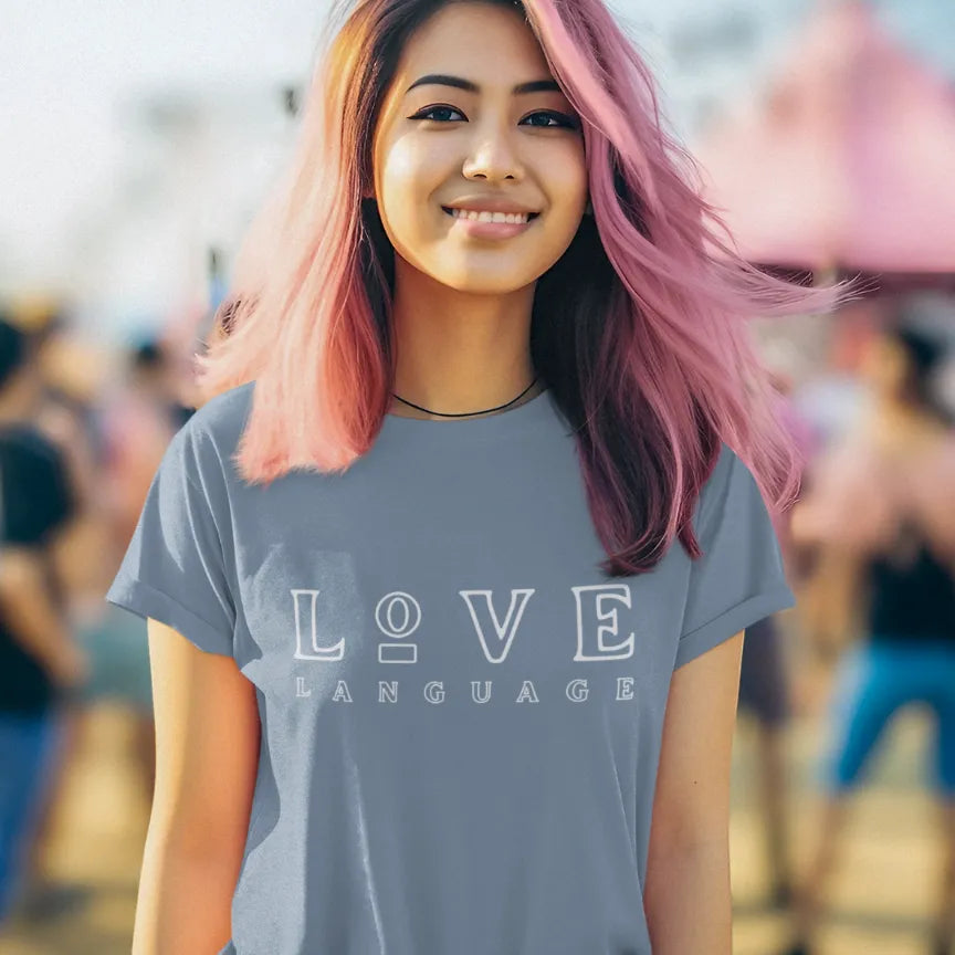 Love Language T-Shirt shown in a vibrant outdoor lifestyle setting with oversized typography styling. Boutique-inspired yoga lifestyle apparel with relaxed feminine energy.