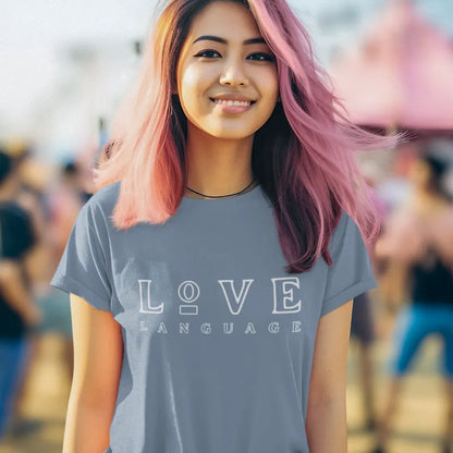 Love Language T-Shirt shown in a vibrant outdoor lifestyle setting with oversized typography styling. Boutique-inspired yoga lifestyle apparel with relaxed feminine energy.