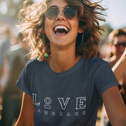Love Language T-Shirt styled in a joyful sunlit lifestyle scene featuring oversized retro typography. Modern yoga lifestyle tee with effortless fashion-forward styling.