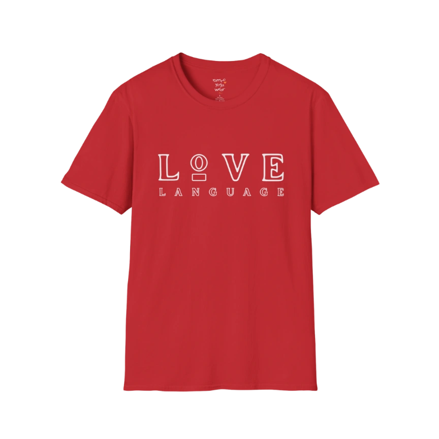 Love Language T-Shirt in Red featuring oversized minimalist typography with bold boutique-inspired styling. Vibrant yoga lifestyle tee with modern fashion energy.