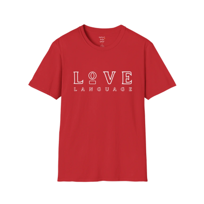 Love Language T-Shirt in Red featuring oversized minimalist typography with bold boutique-inspired styling. Vibrant yoga lifestyle tee with modern fashion energy.