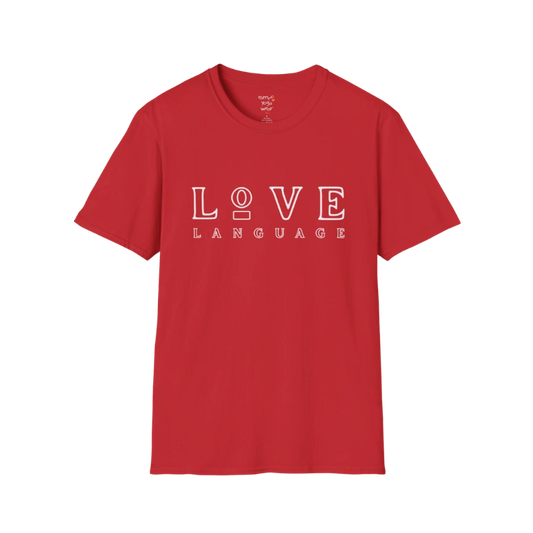 Love Language T-Shirt in Red featuring oversized minimalist typography with bold boutique-inspired styling. Vibrant yoga lifestyle tee with modern fashion energy.