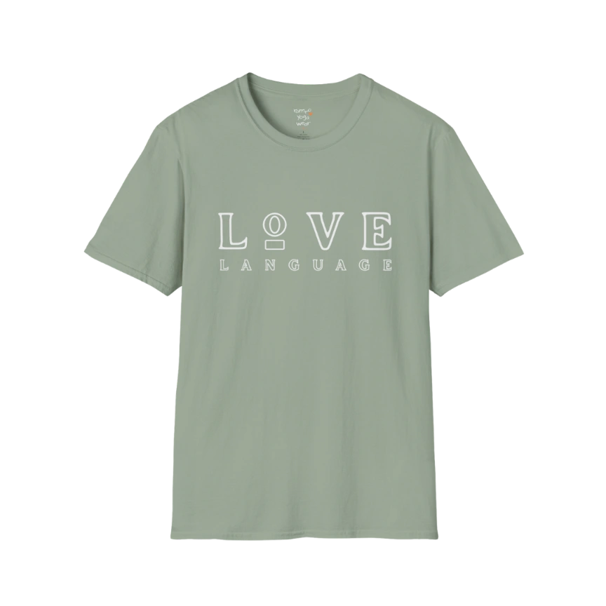 Love Language T-Shirt in Sage featuring oversized retro-inspired typography and relaxed minimalist styling. Earthy yoga lifestyle tee with calm feminine aesthetic.
