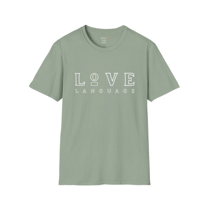 Love Language T-Shirt in Sage featuring oversized retro-inspired typography and relaxed minimalist styling. Earthy yoga lifestyle tee with calm feminine aesthetic.