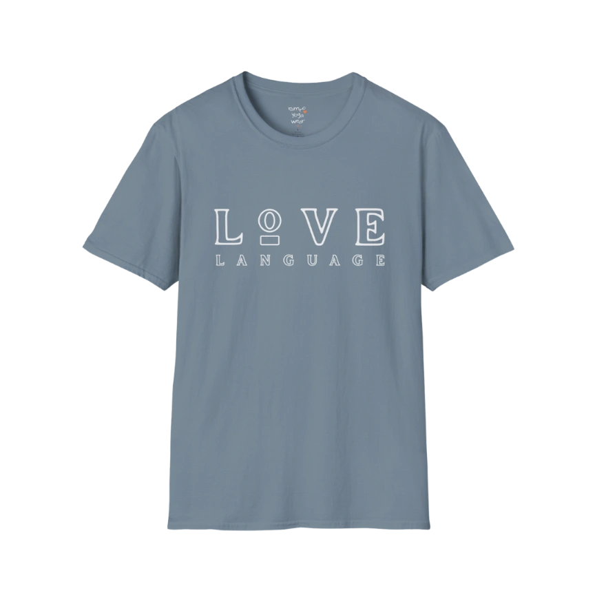 Love Language T-Shirt in Stone Blue featuring oversized boutique typography and elevated yoga lifestyle styling. Soft blue graphic tee with relaxed modern energy.