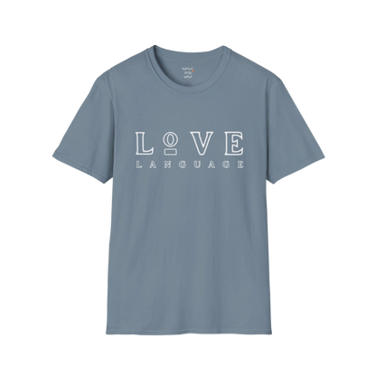 Love Language T-Shirt in Stone Blue featuring oversized boutique typography and elevated yoga lifestyle styling. Soft blue graphic tee with relaxed modern energy.