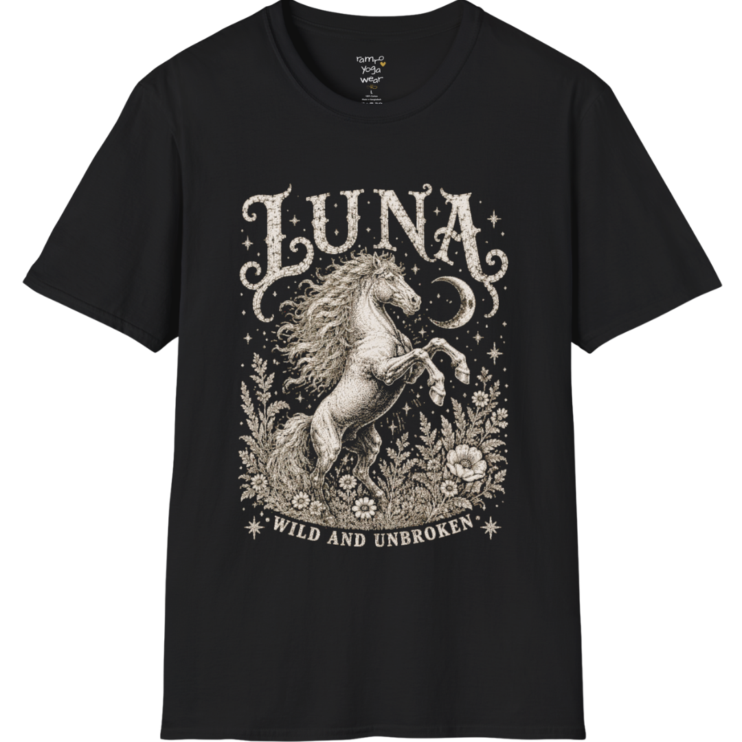 Ramro Yoga Wear Luna tee in Black — wild horse botanical vintage engraving, flat lay product shot