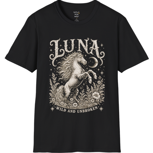 Ramro Yoga Wear Luna tee in Black — wild horse botanical vintage engraving, flat lay product shot