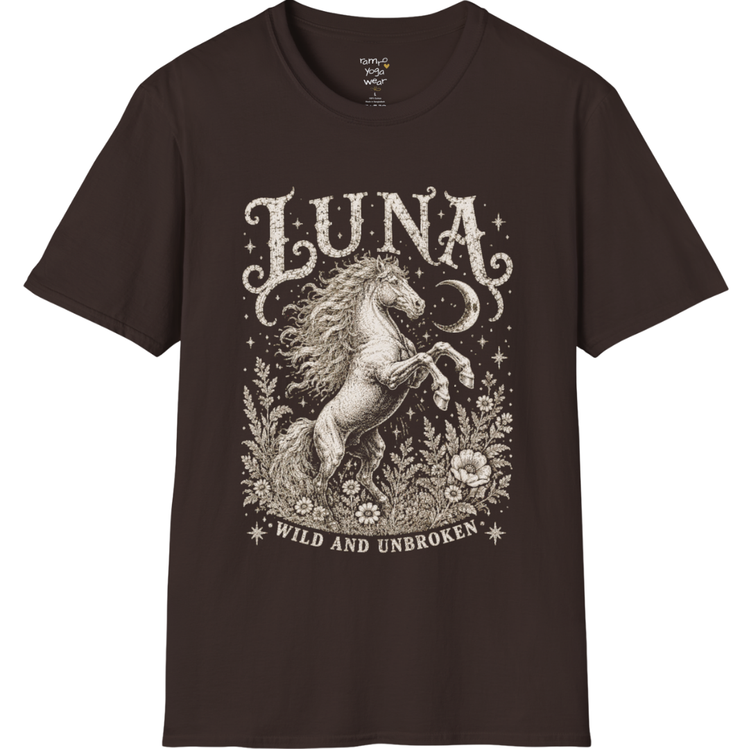 Ramro Yoga Wear Luna tee in Dark Chocolate — wild horse botanical vintage engraving, flat lay product shot
