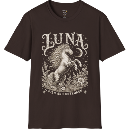 Ramro Yoga Wear Luna tee in Dark Chocolate — wild horse botanical vintage engraving, flat lay product shot