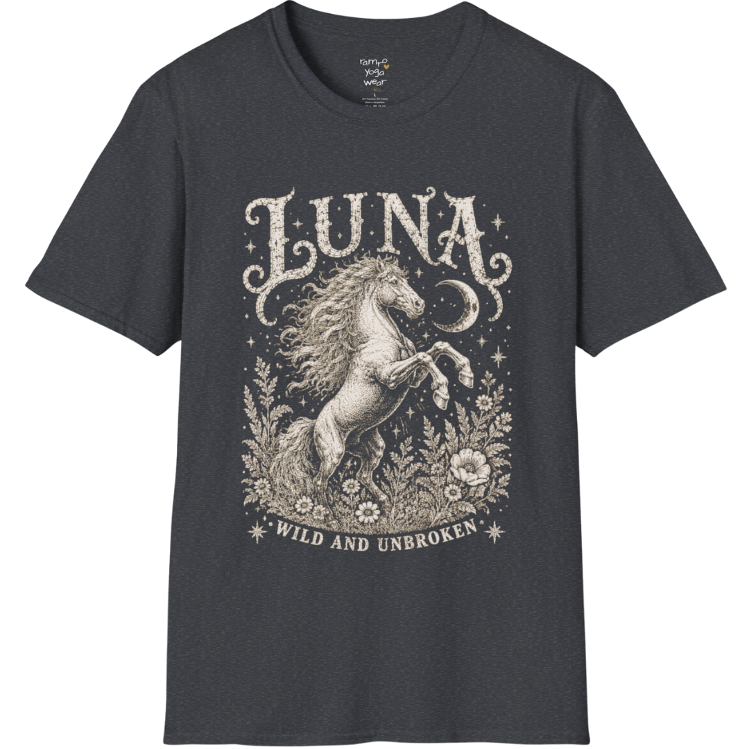 Ramro Yoga Wear Luna tee in Dark Heather Grey — wild horse botanical vintage engraving, flat lay product shot