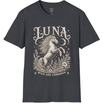 Ramro Yoga Wear Luna tee in Dark Heather Grey — wild horse botanical vintage engraving, flat lay product shot