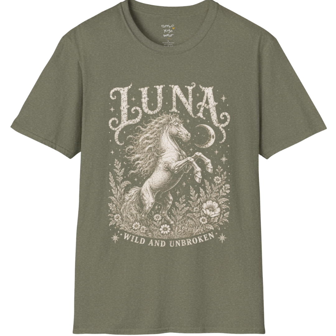 Ramro Yoga Wear Luna tee in Heather Military Green — wild horse botanical vintage engraving, flat lay product shot