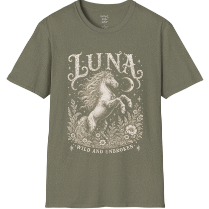 Ramro Yoga Wear Luna tee in Heather Military Green — wild horse botanical vintage engraving, flat lay product shot
